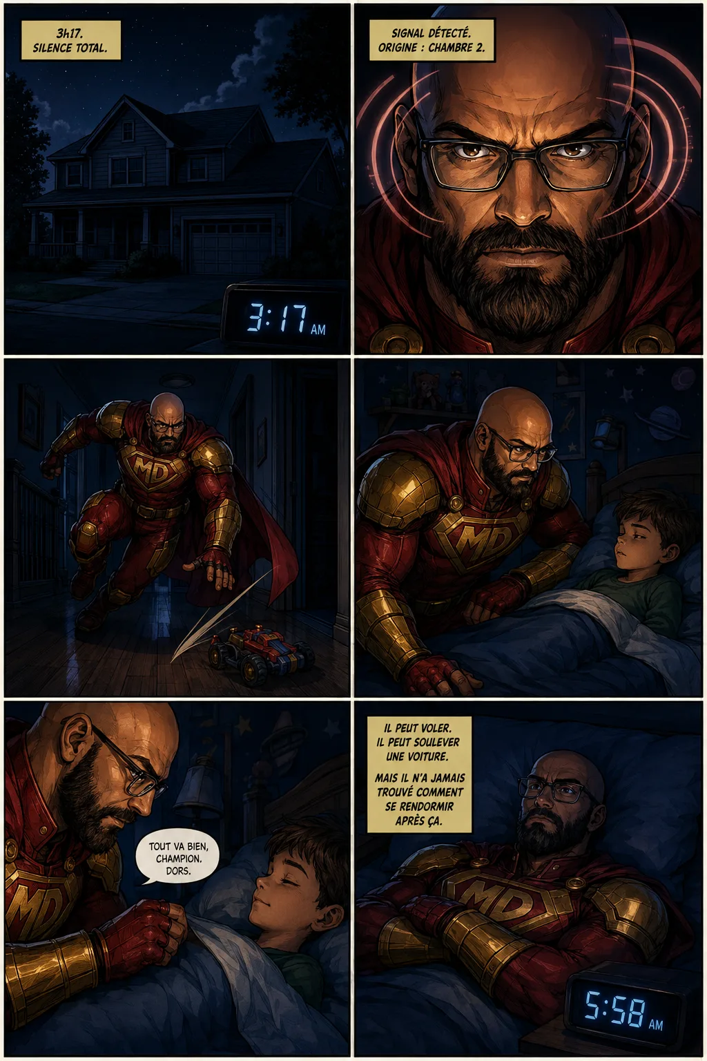 BD Mighty Dad — réveillé à 3 h 17 par son fils apeuré, Mighty Dad accourt le rassurer et le rendort ; puis il reste éveillé dans son lit. Il peut voler et soulever une voiture, mais il n'a jamais trouvé comment se rendormir après ça.
