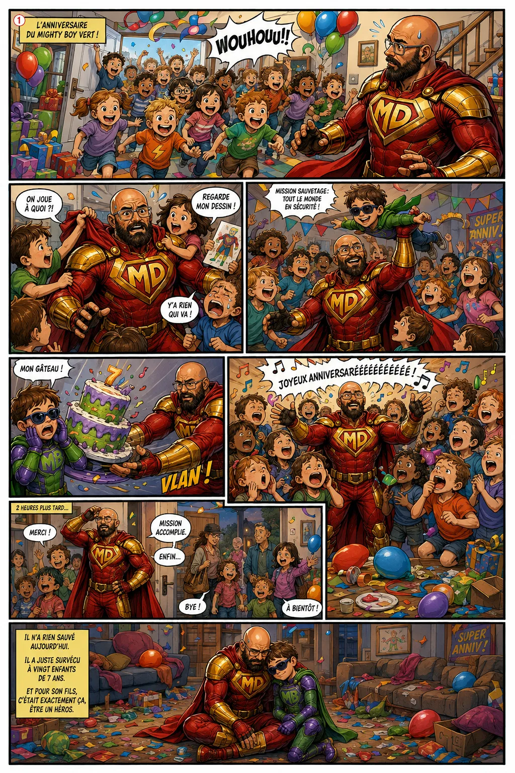 BD Mighty Dad — Mighty Dad survit à la fête d'anniversaire de son fils au milieu d'enfants déchaînés ; épuisé, il serre son garçon. Il n'a rien sauvé aujourd'hui, il a juste survécu et pour son fils, c'était exactement ça, être un héros.