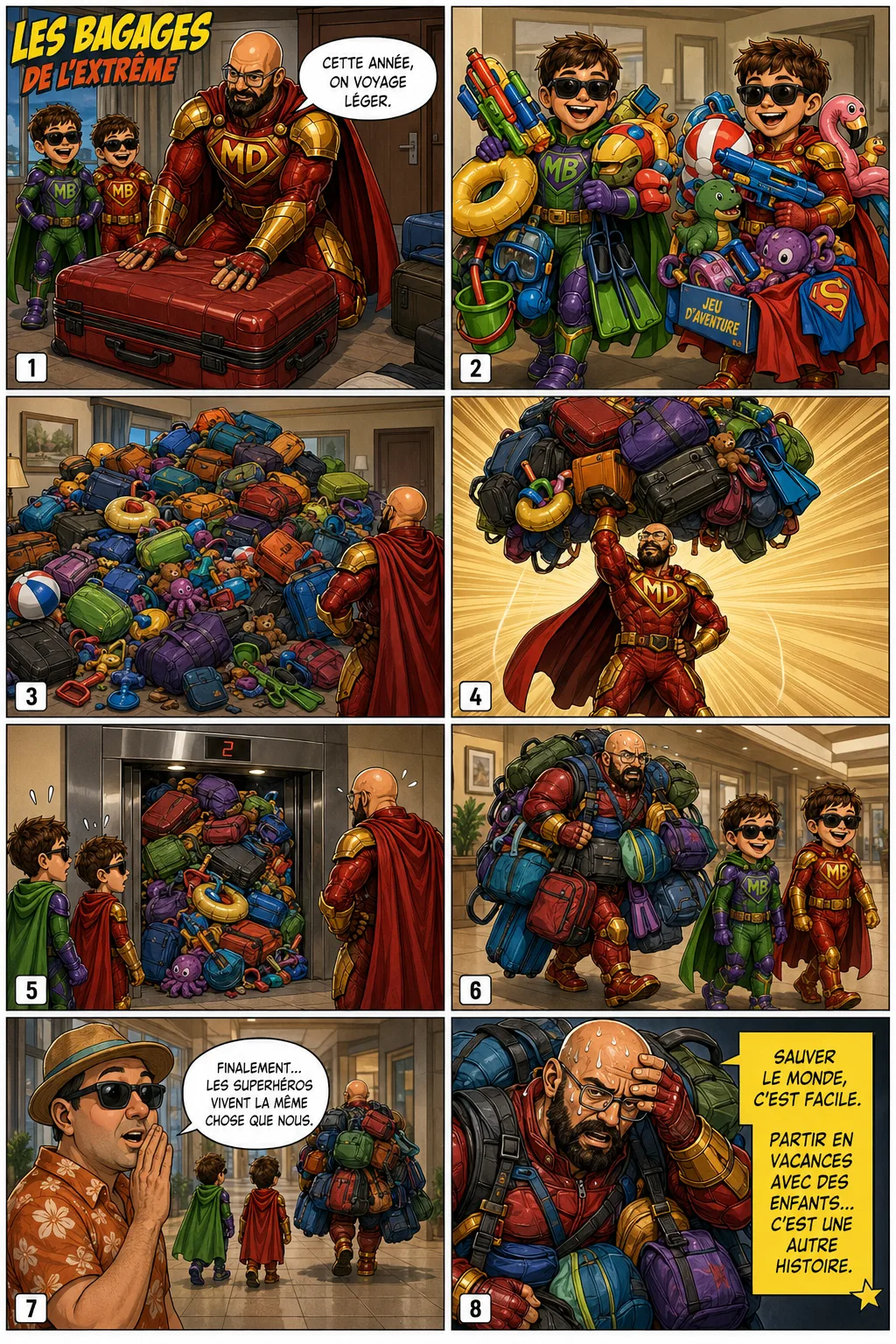BD Mighty Dad — au départ en vacances, les deux Mighty Boys arrivent avec une montagne de jouets de plage ; Mighty Dad finit par porter une pile de valises géante. Sauver le monde est facile, partir en vacances avec des enfants est une autre histoire.