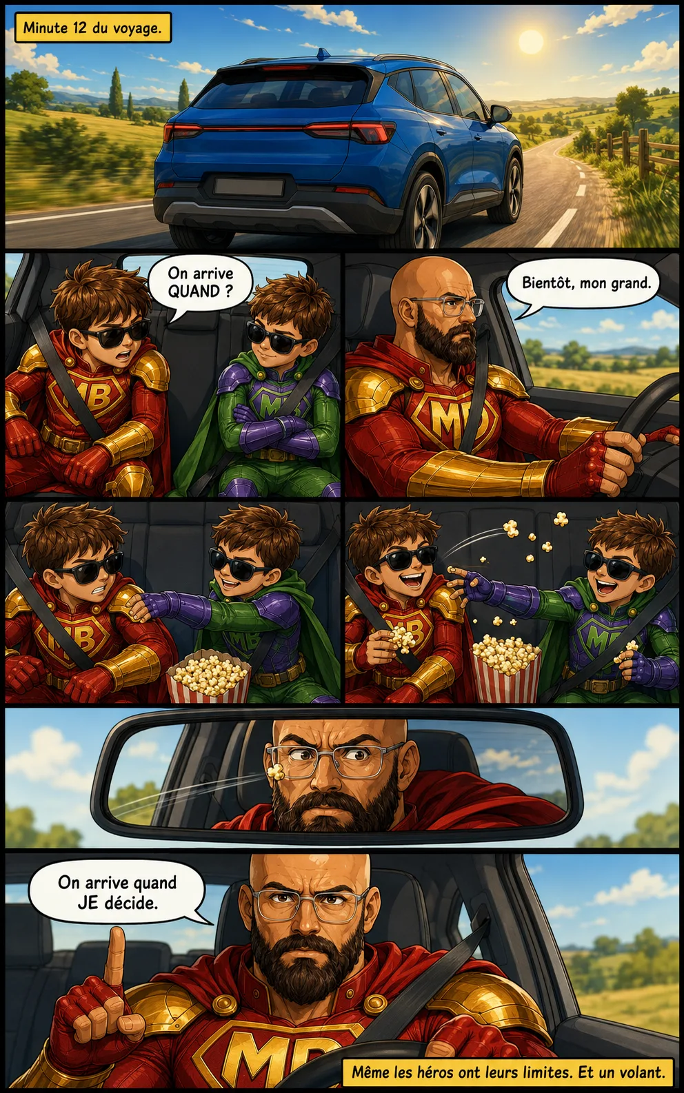BD Mighty Dad — Mighty Dad conduit tandis que ses deux fils, à l'arrière, se chamaillent et lui lancent du popcorn.